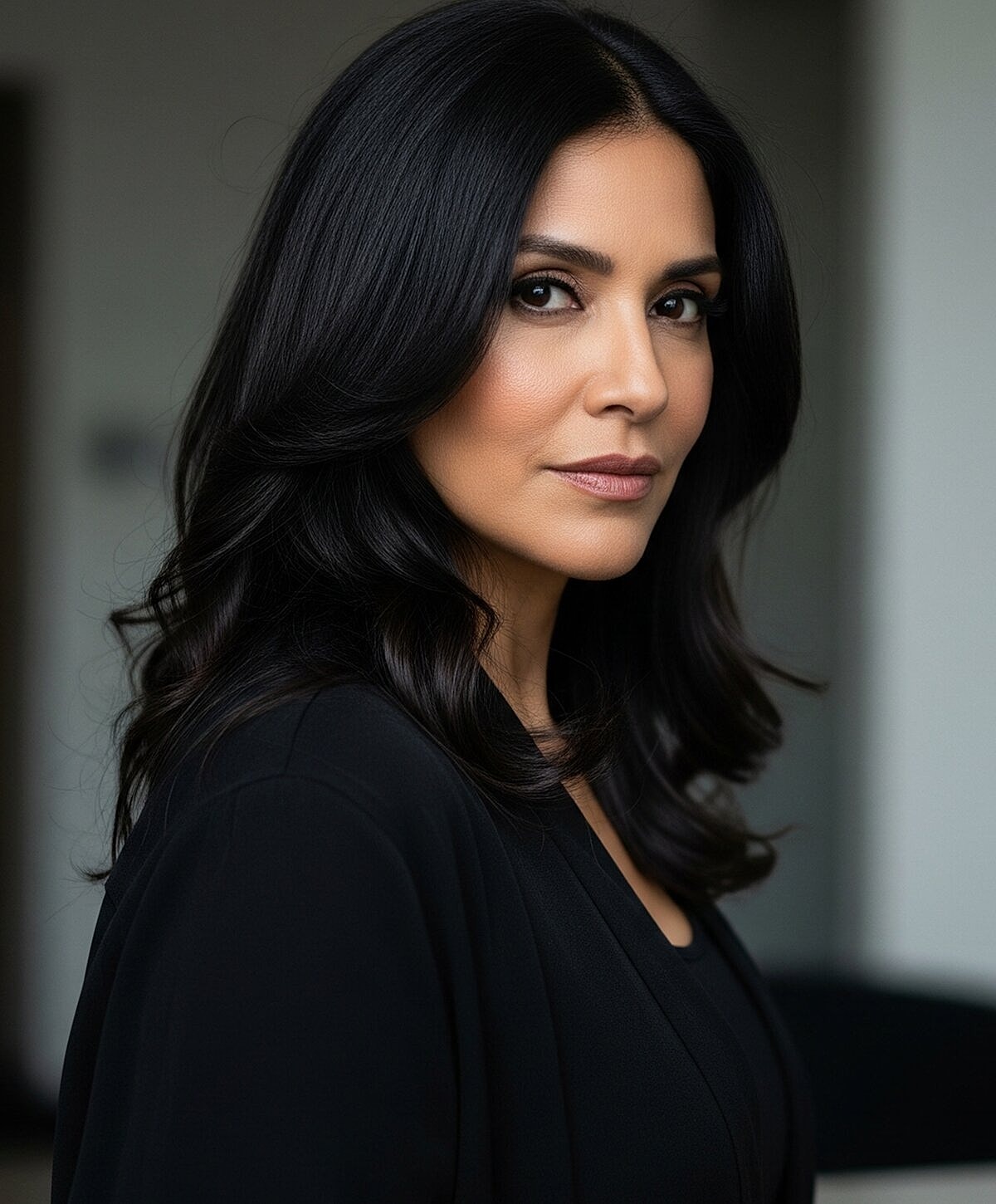 Model posing in neutral-colored lingerie against backdrop.