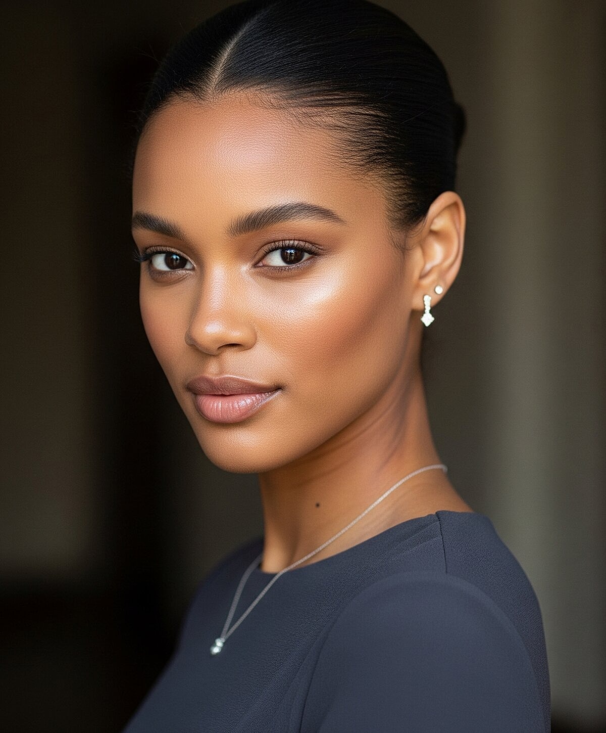 Portrait of a woman with natural makeup and jewelry.