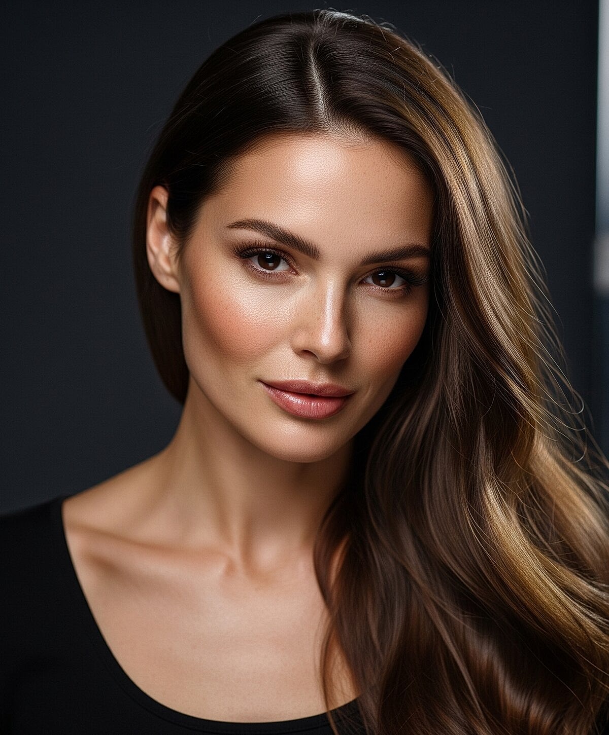 Model posing in neutral-colored lingerie against backdrop.