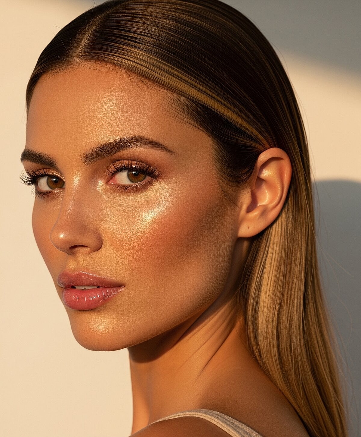 Model striking a pose against a textured wall.