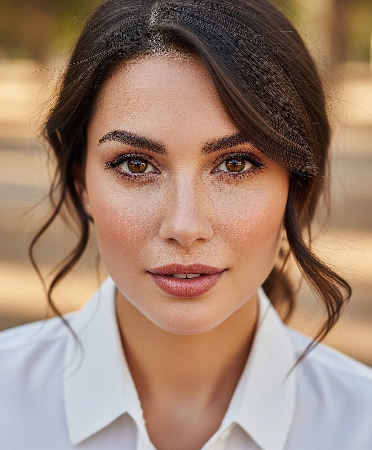 Model posing in neutral-colored lingerie against backdrop.