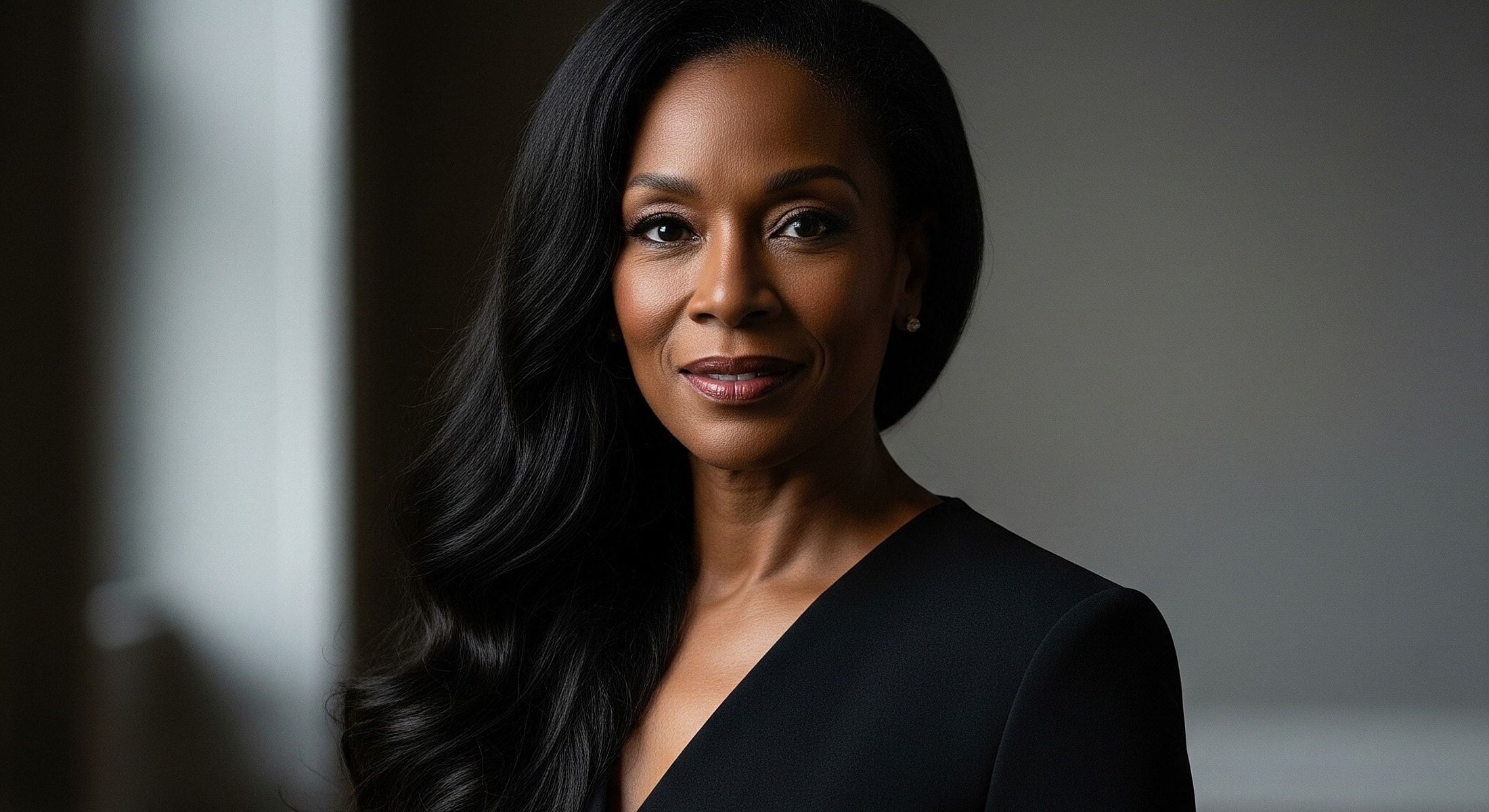 Portrait of a woman with long dark hair.