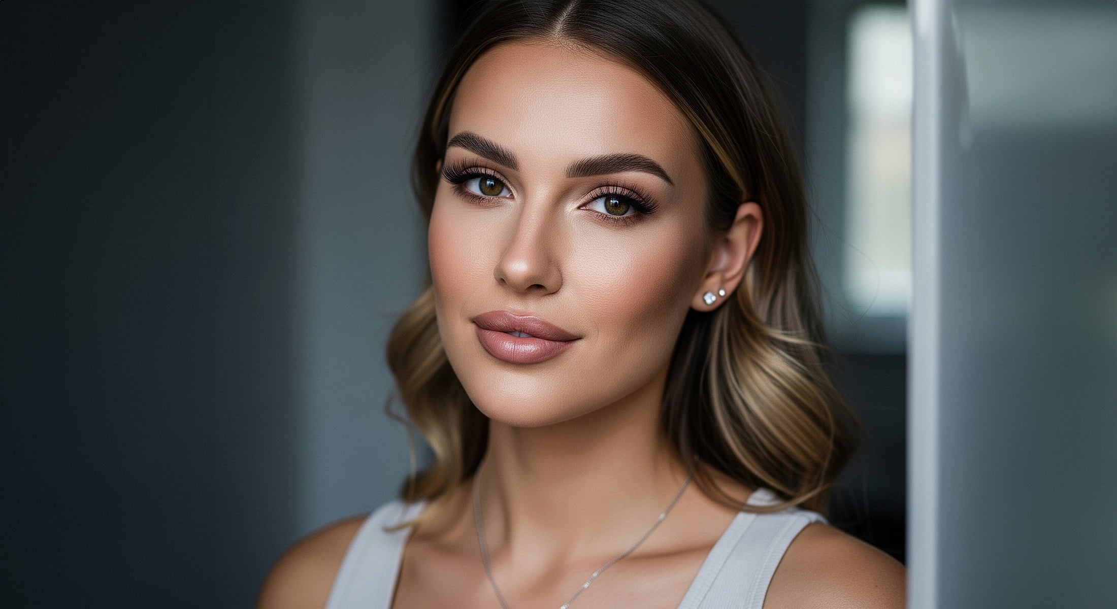 Woman with radiant skin and elegant hairstyle.