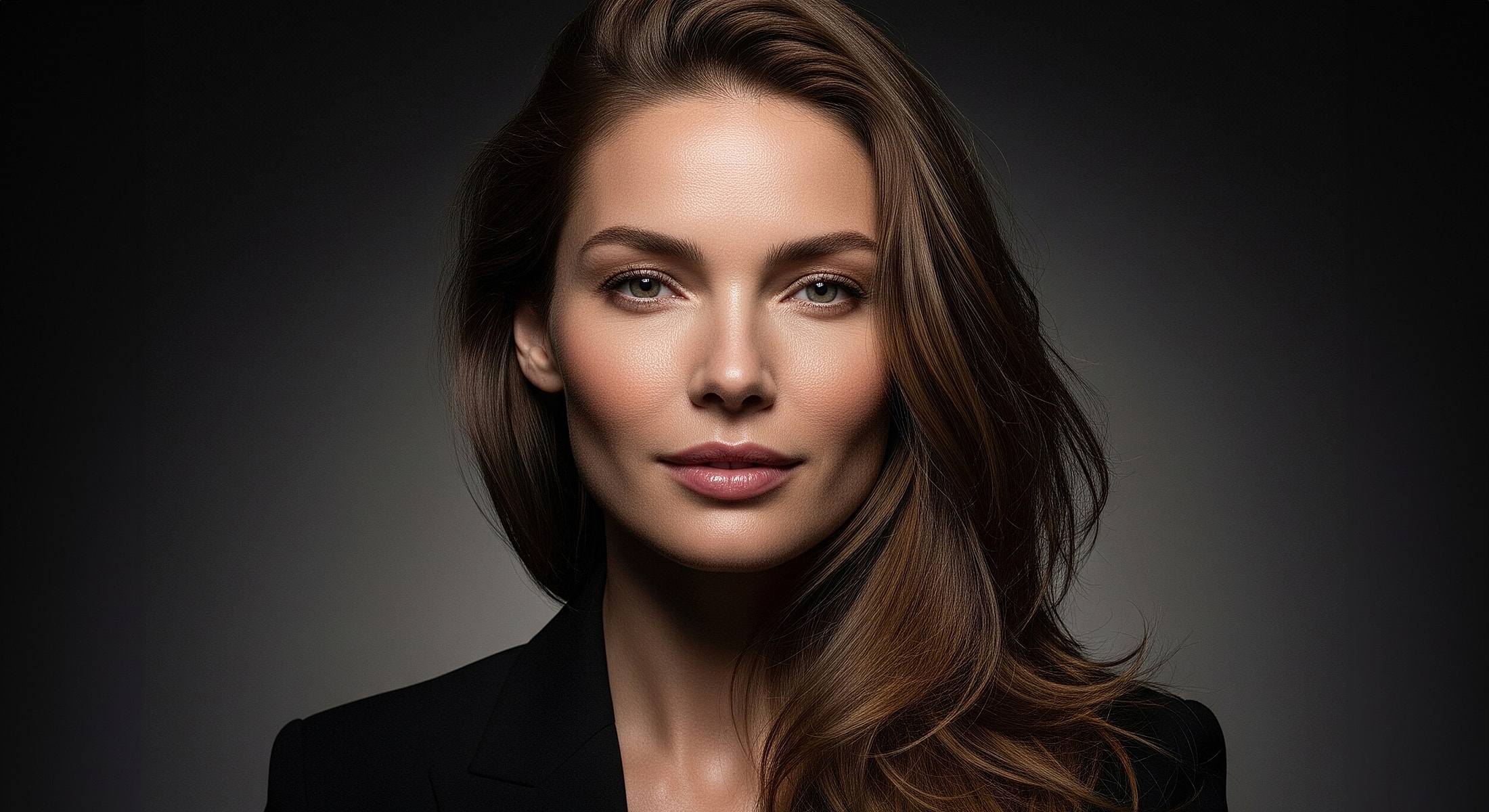 Woman with long hair, neutral expression, dark background.