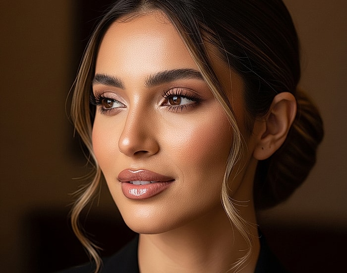 Close-up portrait of a woman with elegant makeup.